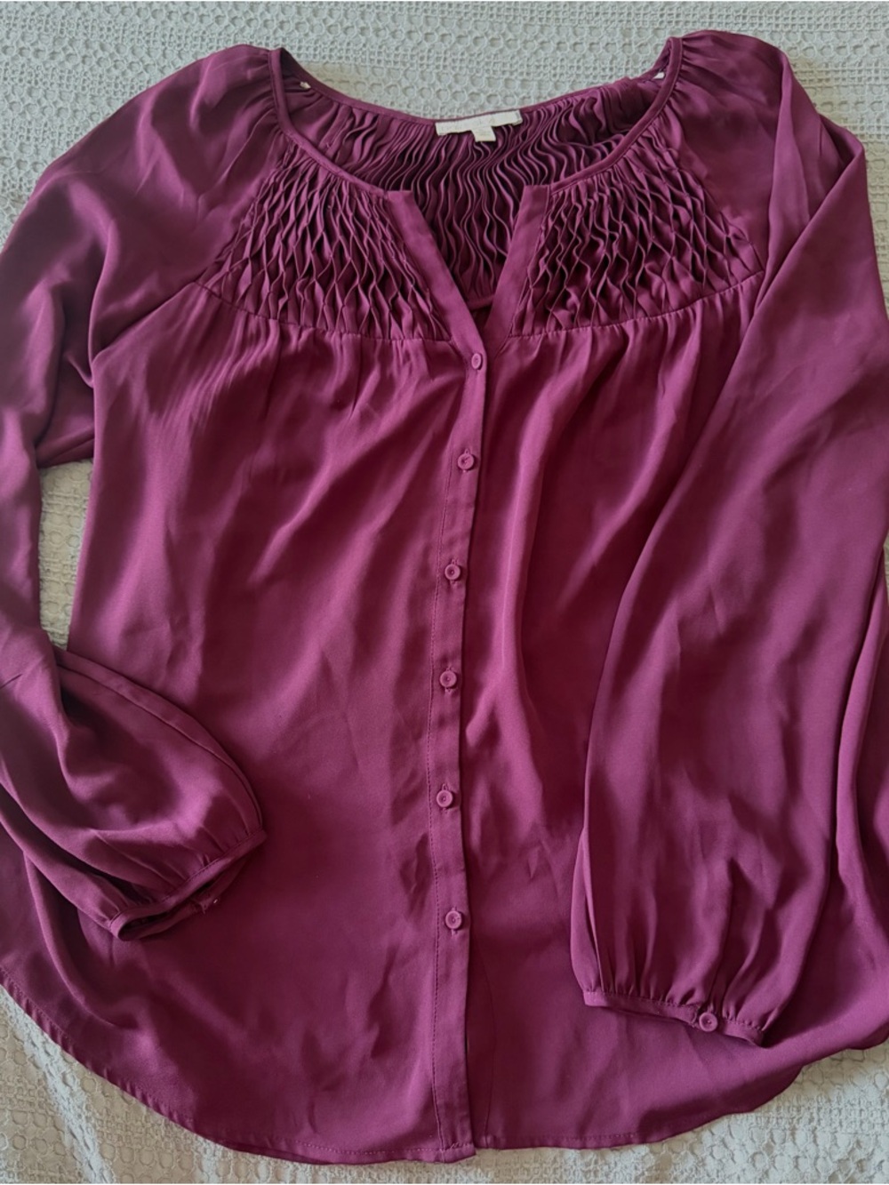 Button-Front Smocked Yoke Blouse in Berry